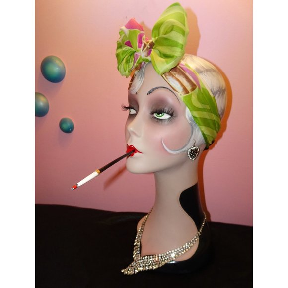 Vintage Green & Pink Floral Scarf tropical boho neck scarf pinup retro - Picture 7 of 10